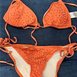 French Connection Vibrant Orange Bikini with Embellishments